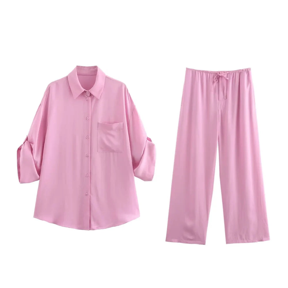 Merche - Outfit-Sets - Polyester - Hemd mit Seidenstruktur - Hose mit hoher Taille - Herbst