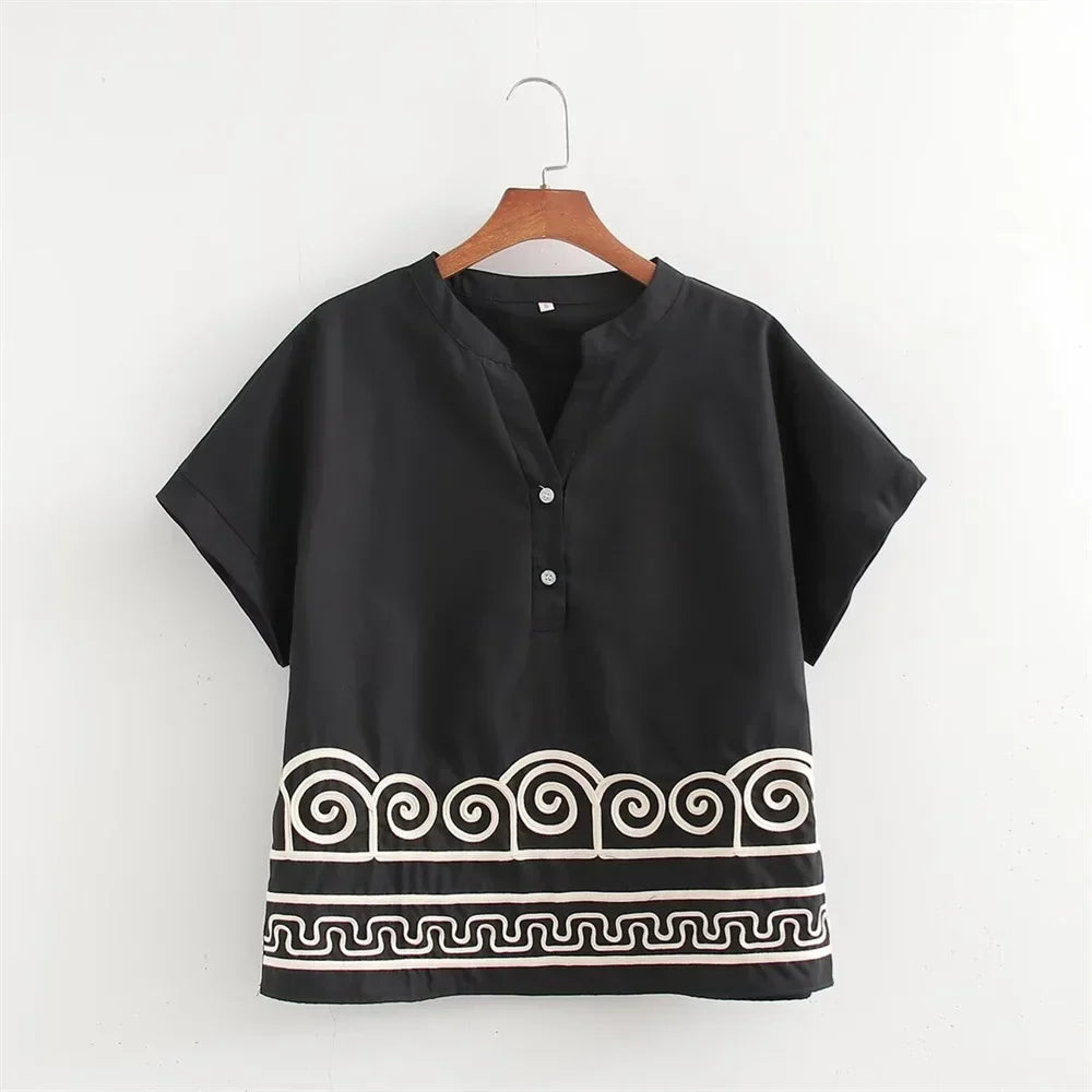 Merche - Outfit-Sets - Polyester - T-Shirt mit Stickerei - Hose mit weitem Bein - Sommer