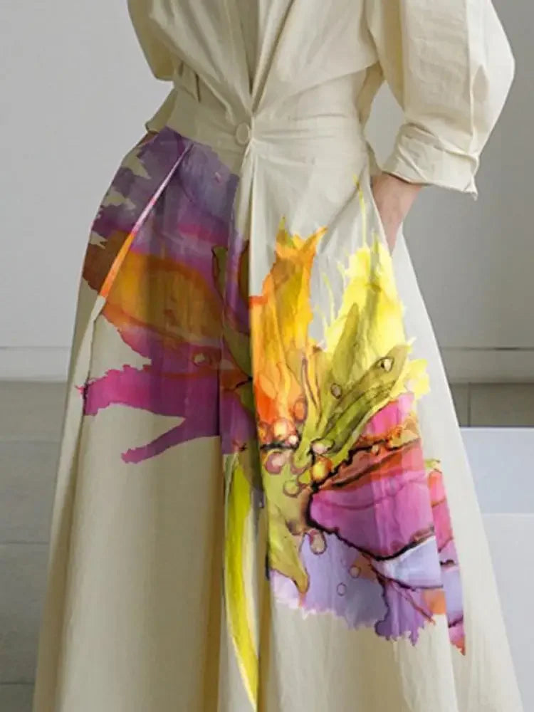 WW | Mode Frühling Sommer Bedruckt Floral Plissiert A-linie Kleider Split Joint Gebunden Taille Umlegekragen Hemden Kleid Für Frauen