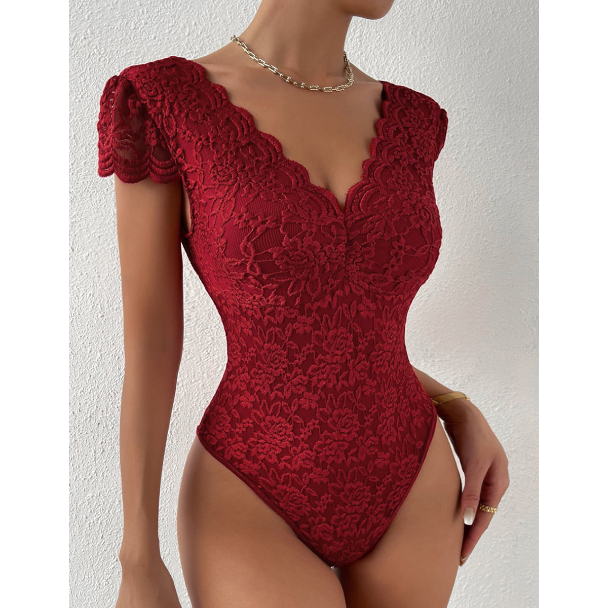 Bodycon Kurzarm V-Ausschnitt Spitze Body Anzüge