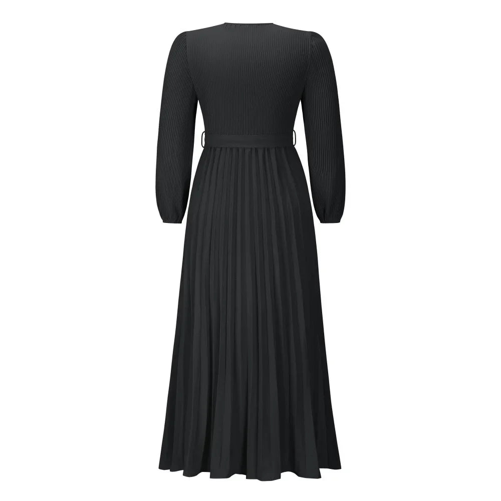 Langärmliges Plisseekleid in Maxilänge mit Taillenband