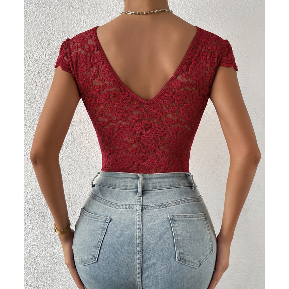 Bodycon Kurzarm V-Ausschnitt Spitze Body Anzüge