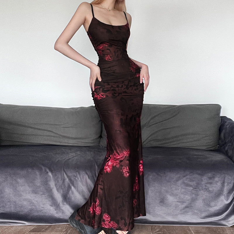 Bodycon Maxi Kleid mit Blumendruck und gerafftem Netz