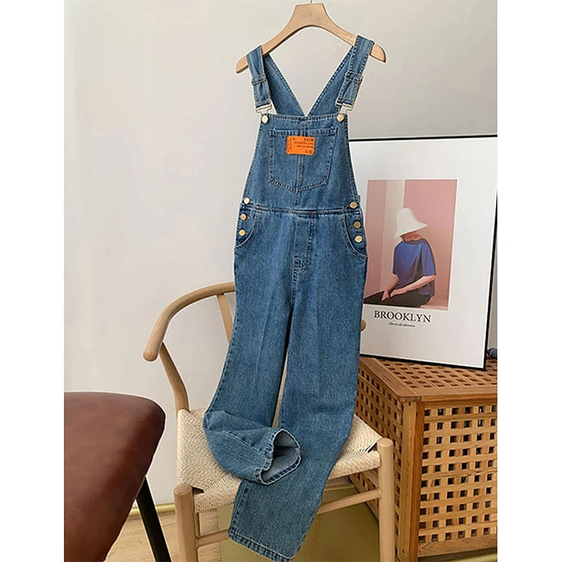 WW | Weinlese Denim Overall, Weit Geschnittene Hosenbeine, Hohe Taille, Gerade Jeans