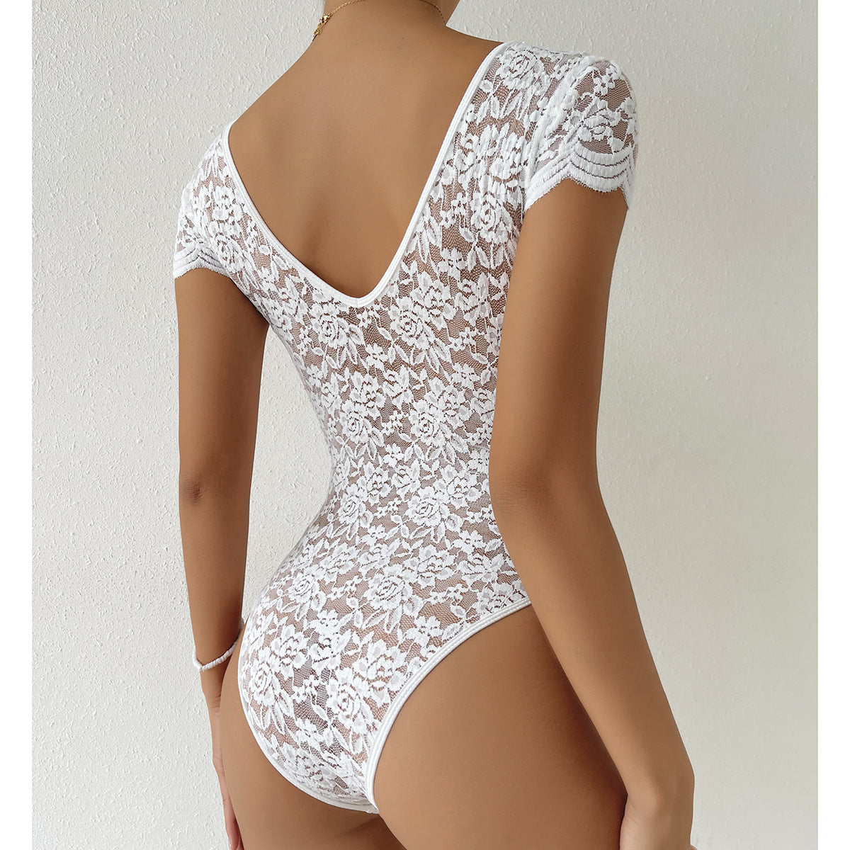 Bodycon Kurzarm V-Ausschnitt Spitze Body Anzüge