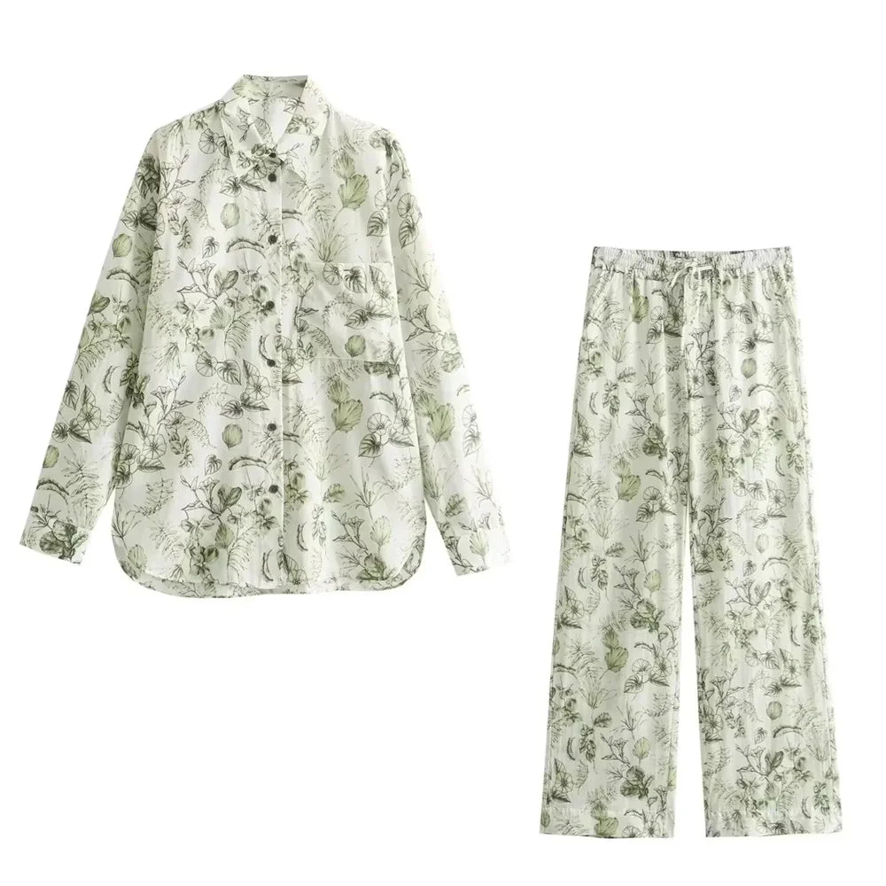 Merche - Polokragen Langarm-Shirt High Waist Print Hosen Set - Alle Jahreszeiten