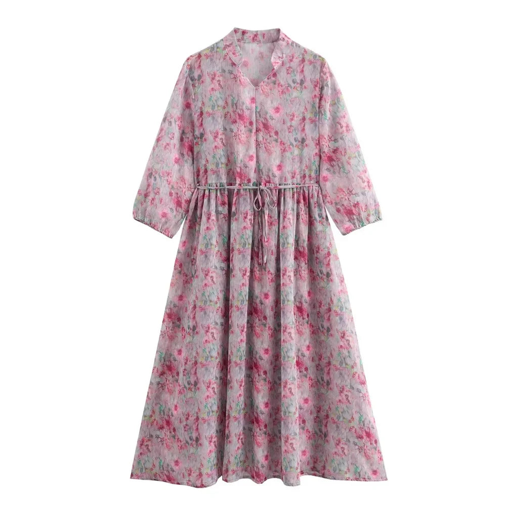 Merche - Kleid - Polyester - Halbarm - Schnürung - Blumen - Sommer