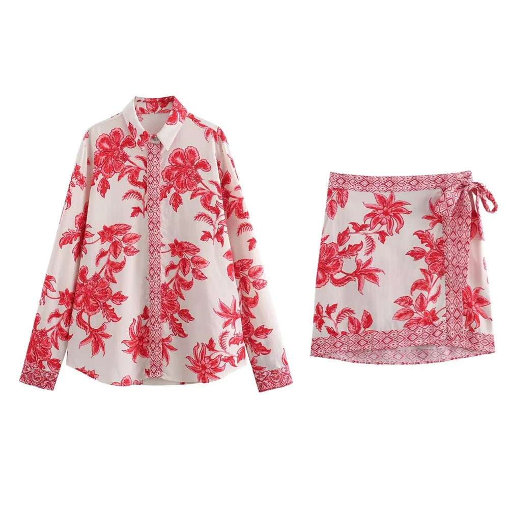Merche - Hemd & Rock Set - Blumenmuster - Hohe Taille Leinen - Sommer