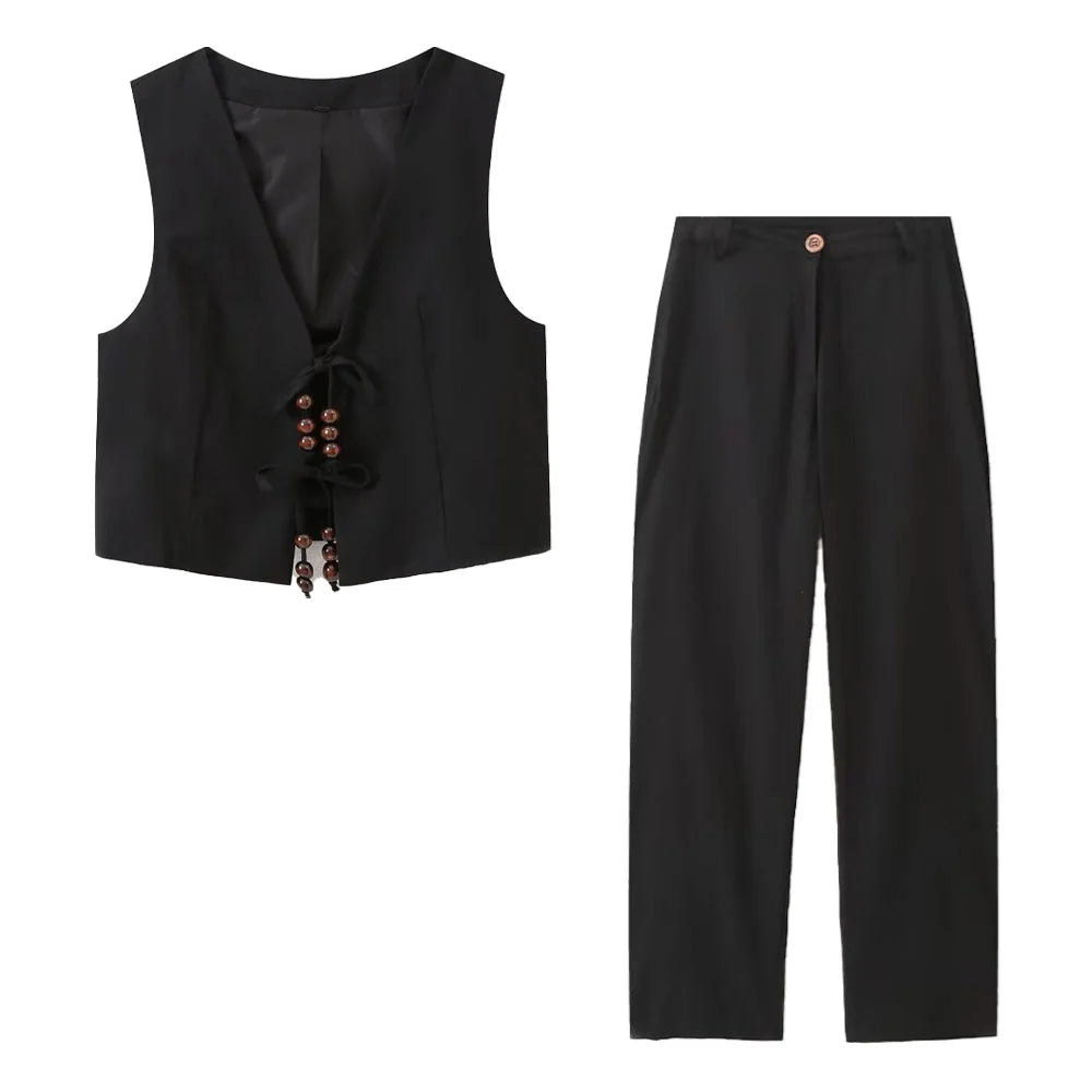 Merche - Tank Top und Hosen Set - Perlenschleife Leinenmischung - Sommer