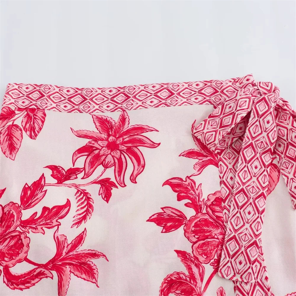 Merche - Hemd & Rock Set - Blumenmuster - Hohe Taille Leinen - Sommer