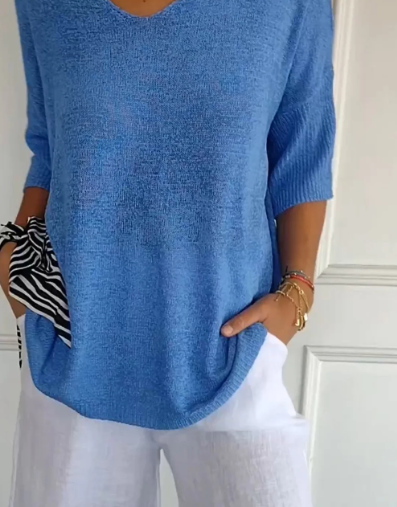 Merche Einfarbiger Strickpullover mit V-Ausschnitt