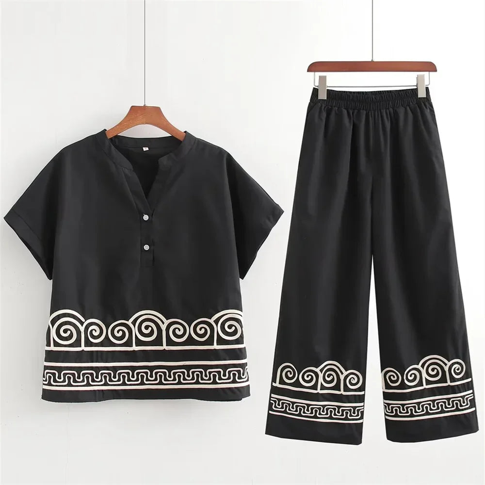 Merche - Outfit-Sets - Polyester - T-Shirt mit Stickerei - Hose mit weitem Bein - Sommer