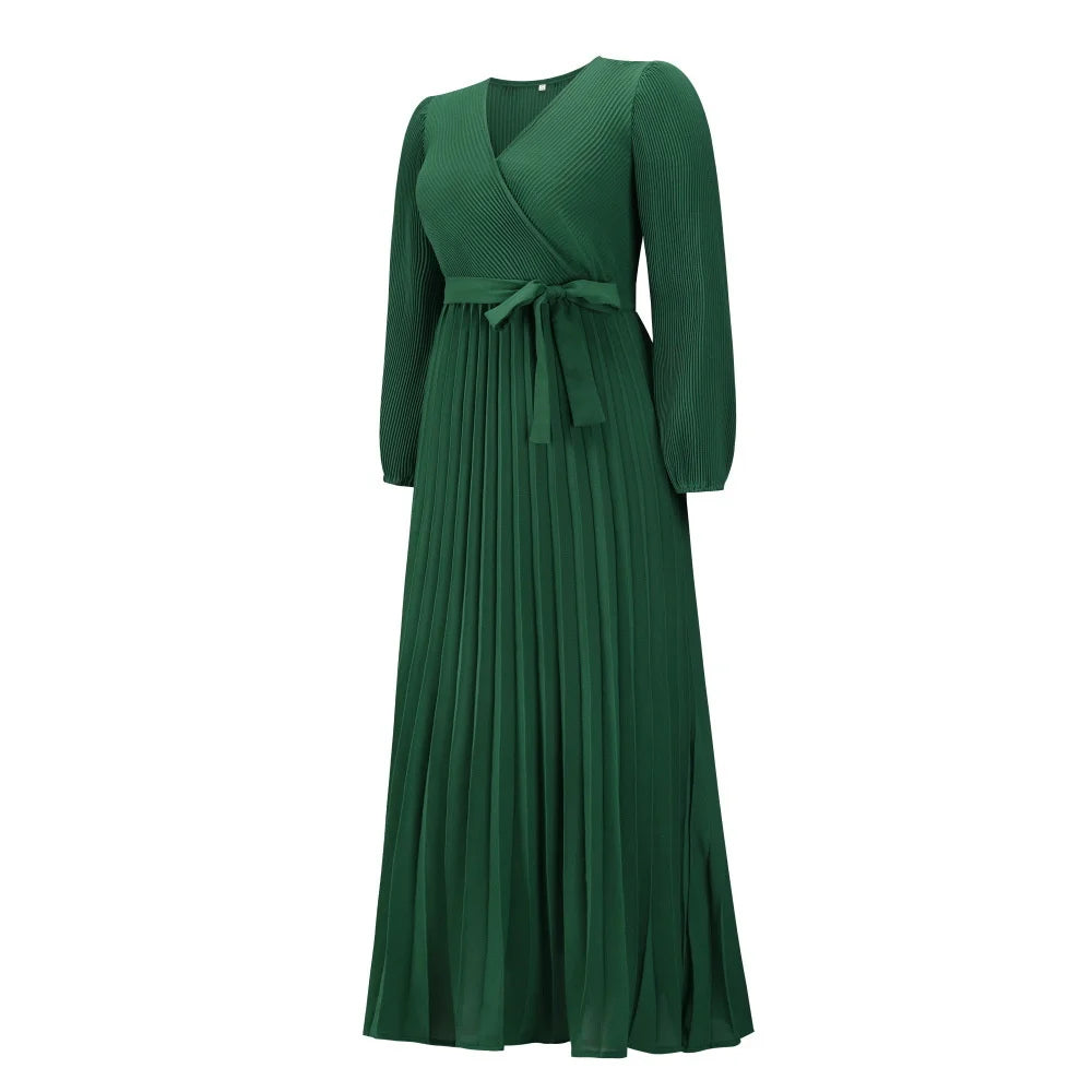 Langärmliges Plisseekleid in Maxilänge mit Taillenband