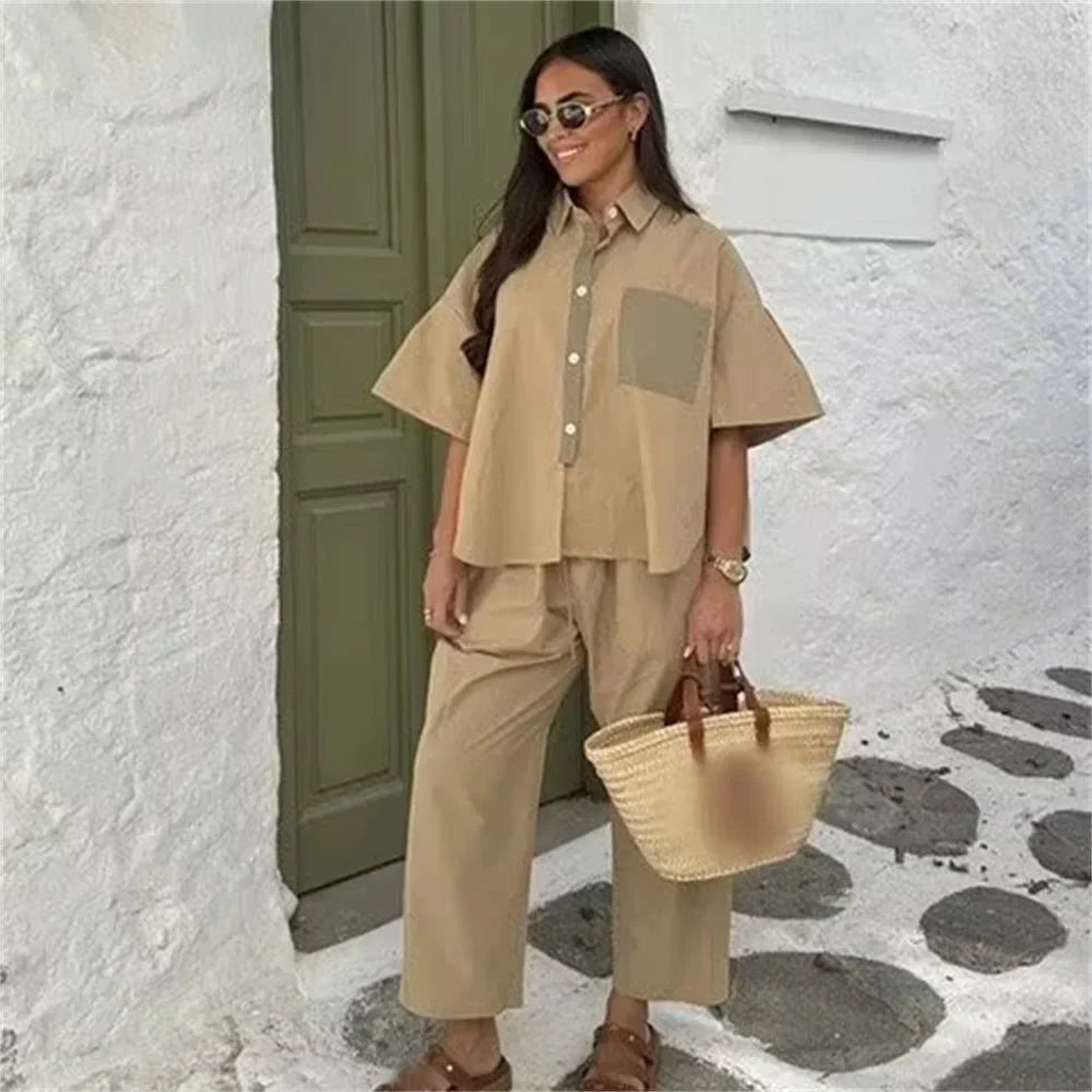 Merche - Shirt und Hose Set - Farbige kurze Ärmel - Weite Beine - Alle Jahreszeiten