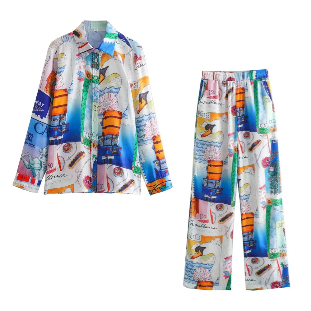 Merche - Outfit-Sets - Polyester - Lange Polo-Ärmel - Weite Hosen - Sommer