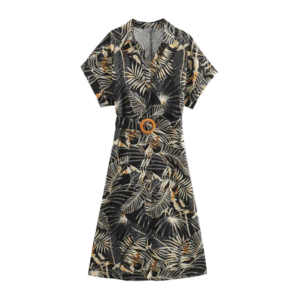 Merche - Midikleid - Polyester/Leinen - Kragen - Tropical - Bedruckt - Herbst