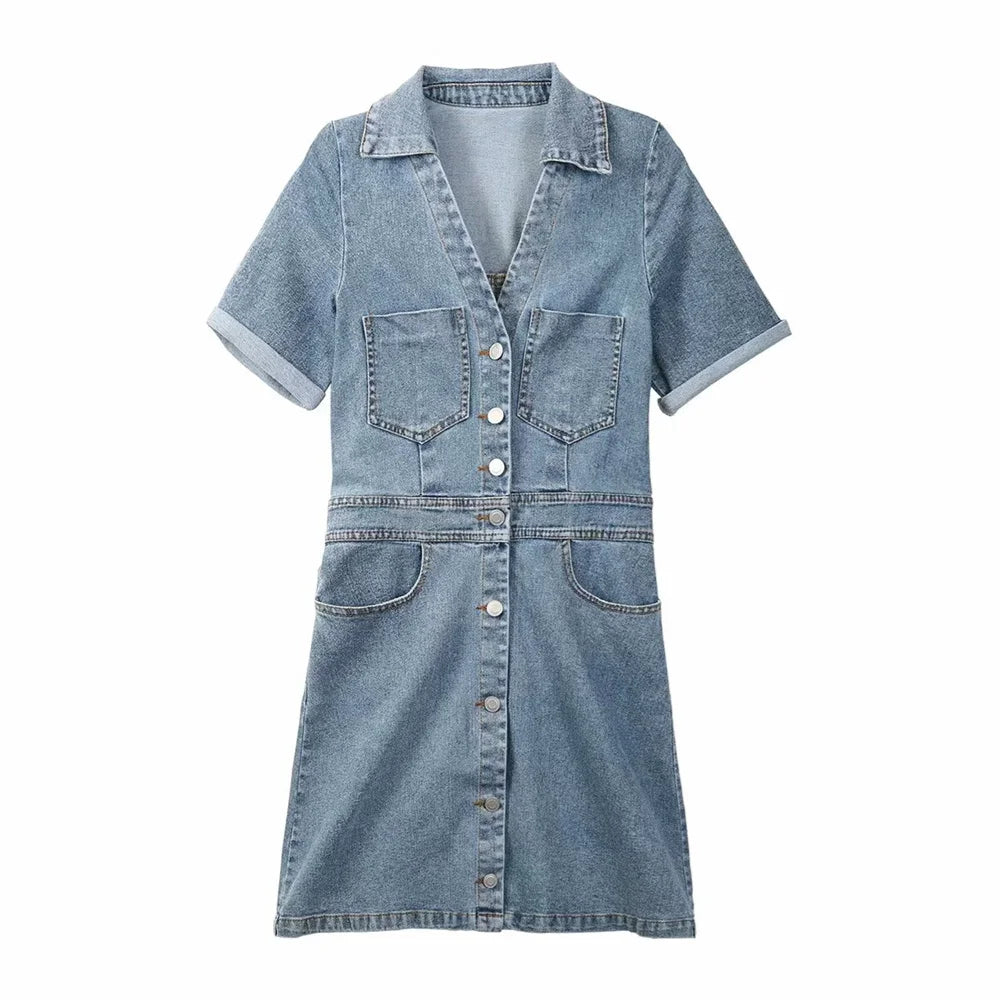 Merche - Minikleid - Polyester/Denim - Polo kurze Ärmel - Sommer