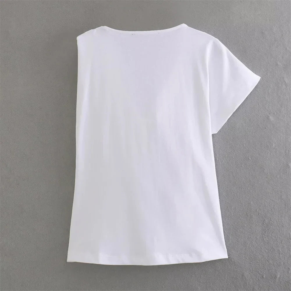 Merche - Oberteile - Polyester/Leinen - Tiefer Ausschnitt Asymmetrisch - Plissee T-Shirt - Sommer