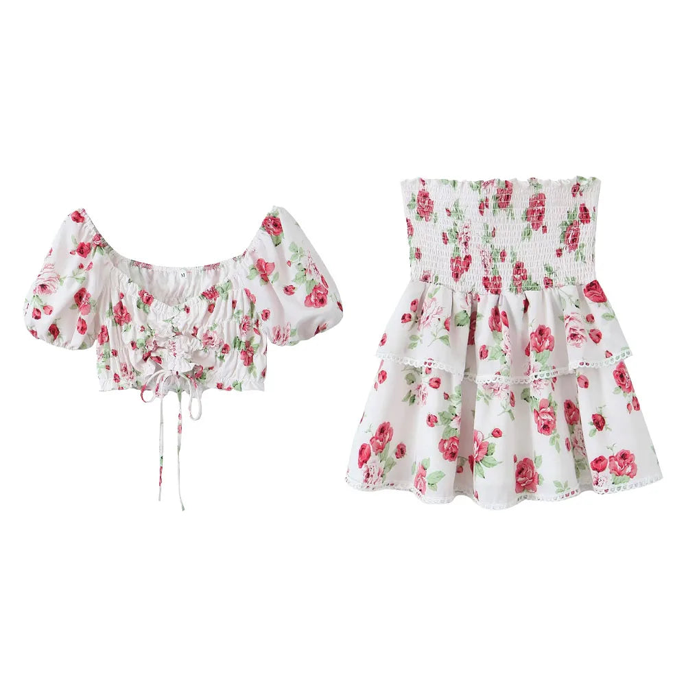 Merche - Outfit-Sets - Polyester - V-Ausschnitt, kurze Ärmel - Minirock - Sommer