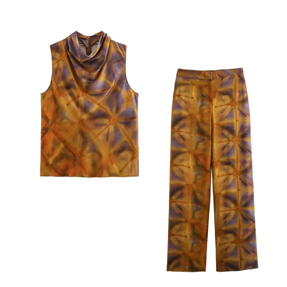 Merche - Tank Top und Hosen Set - Druckkragen - Hohe Taille - Sommer