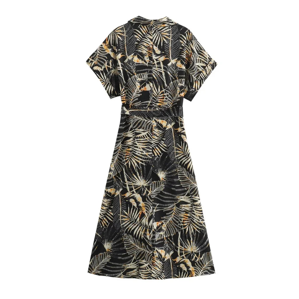 Merche - Midikleid - Polyester/Leinen - Kragen - Tropical - Bedruckt - Herbst