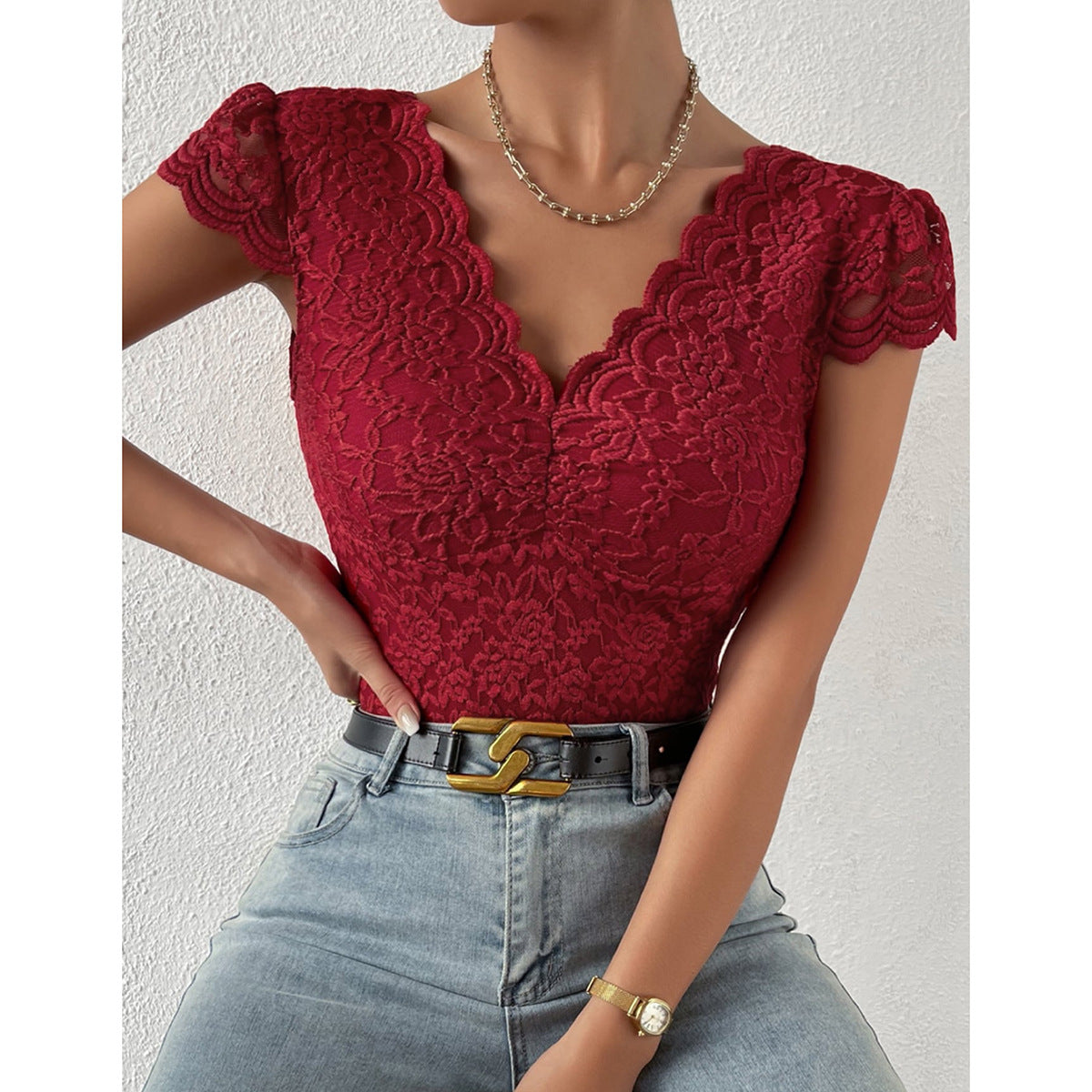 Bodycon Kurzarm V-Ausschnitt Spitze Body Anzüge
