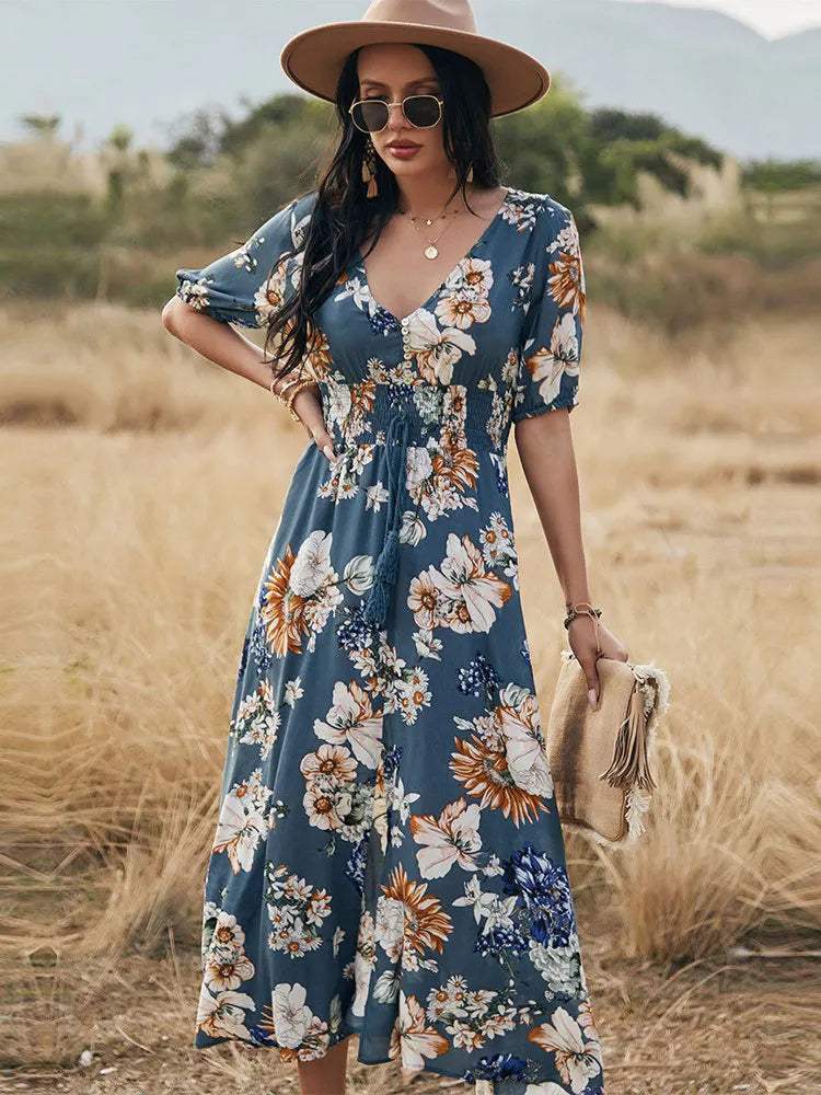 Blumenmuster Maxikleid mit V-Ausschnitt und hoher Taille