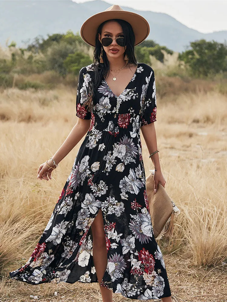 Blumenmuster Maxikleid mit V-Ausschnitt und hoher Taille