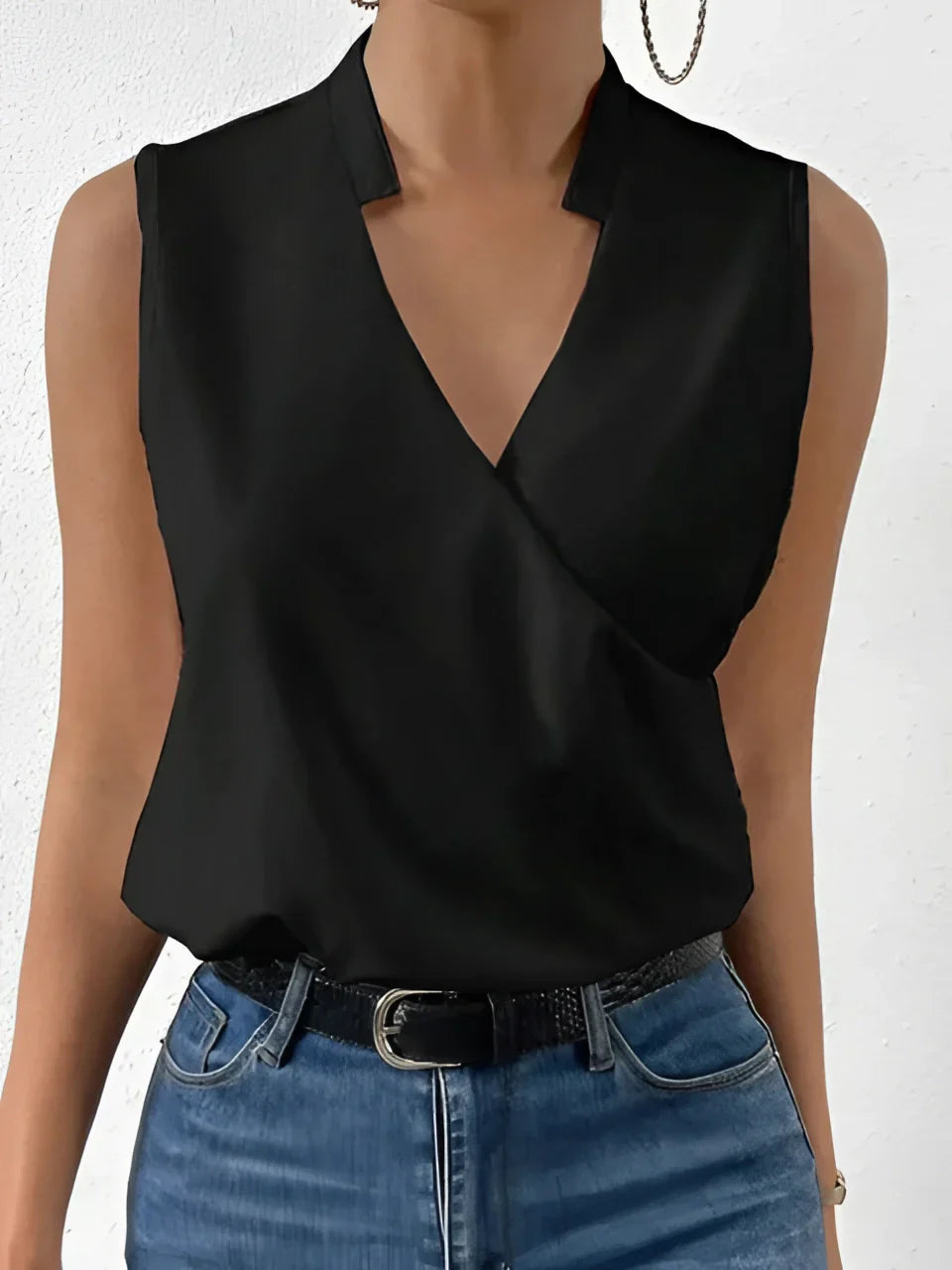 Ärmellose Wickelbluse Weiß V-Ausschnitt Elegant Büro Damen