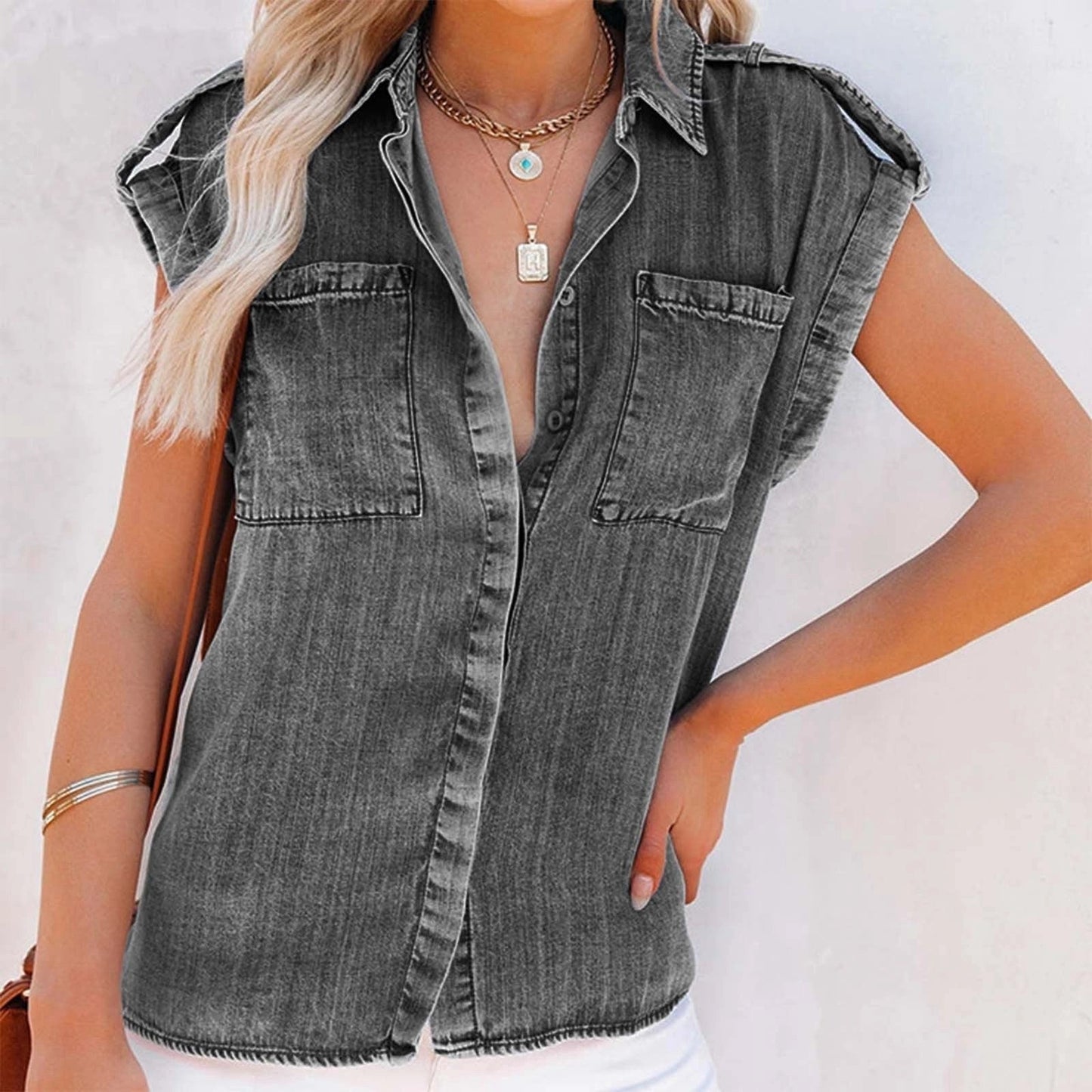 Merche ärmelloses Jeanshemd Vintage Fransen Sommermode
