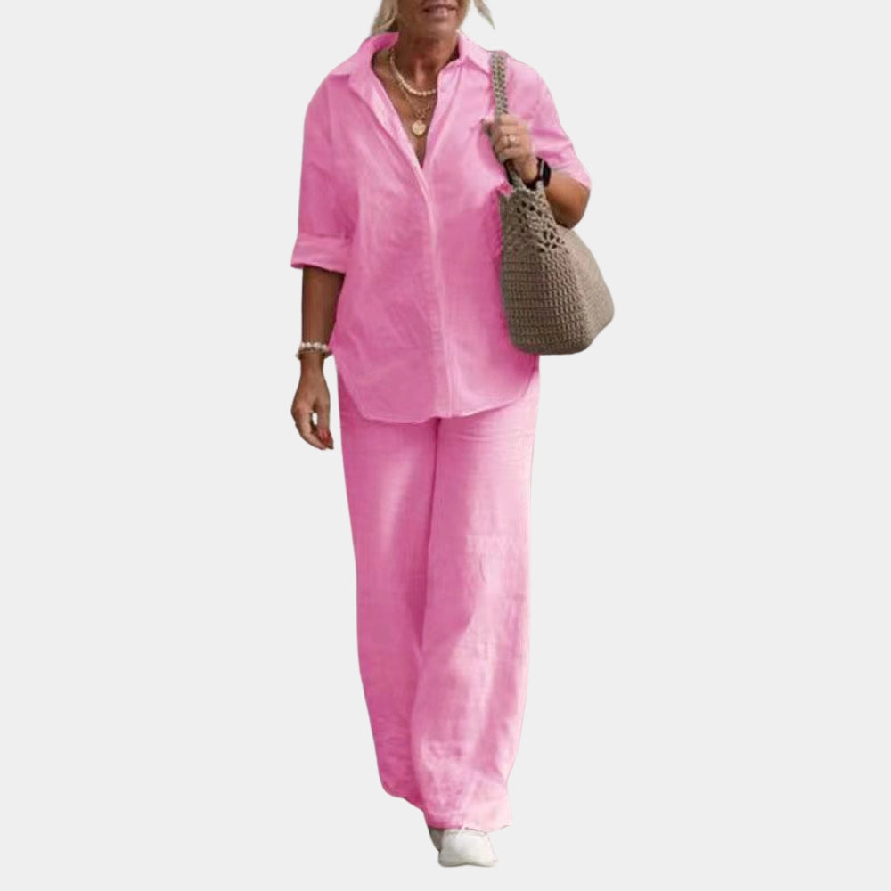 Merche Damen Leinen-Hosenanzug Sommer Set Rosa