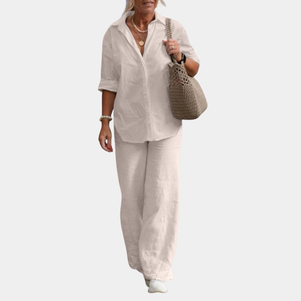 Merche Damen Leinen-Hosenanzug Sommer Set Rosa