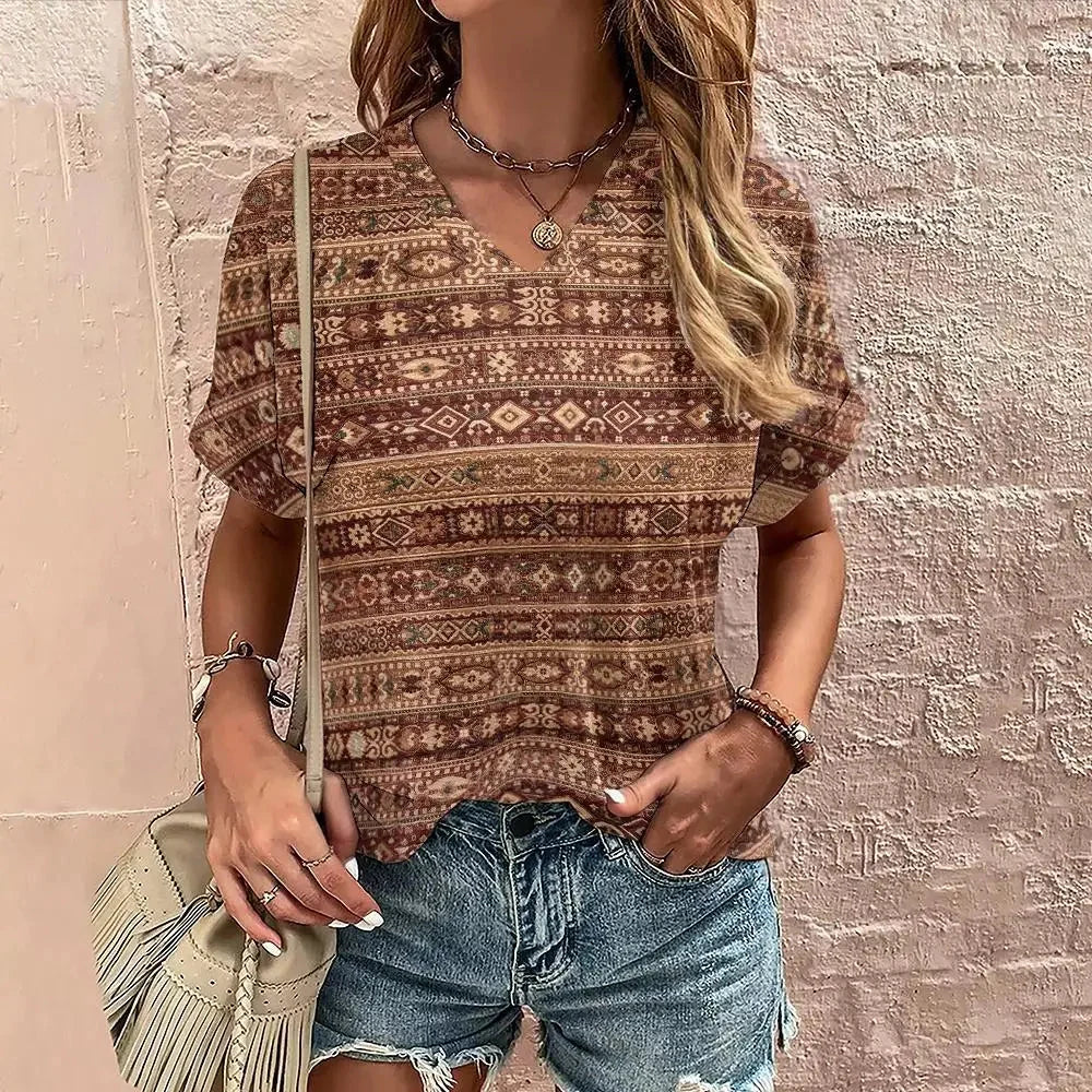 Merche Print Boho Bluse - V-Ausschnitt Tribal Shirt Damen