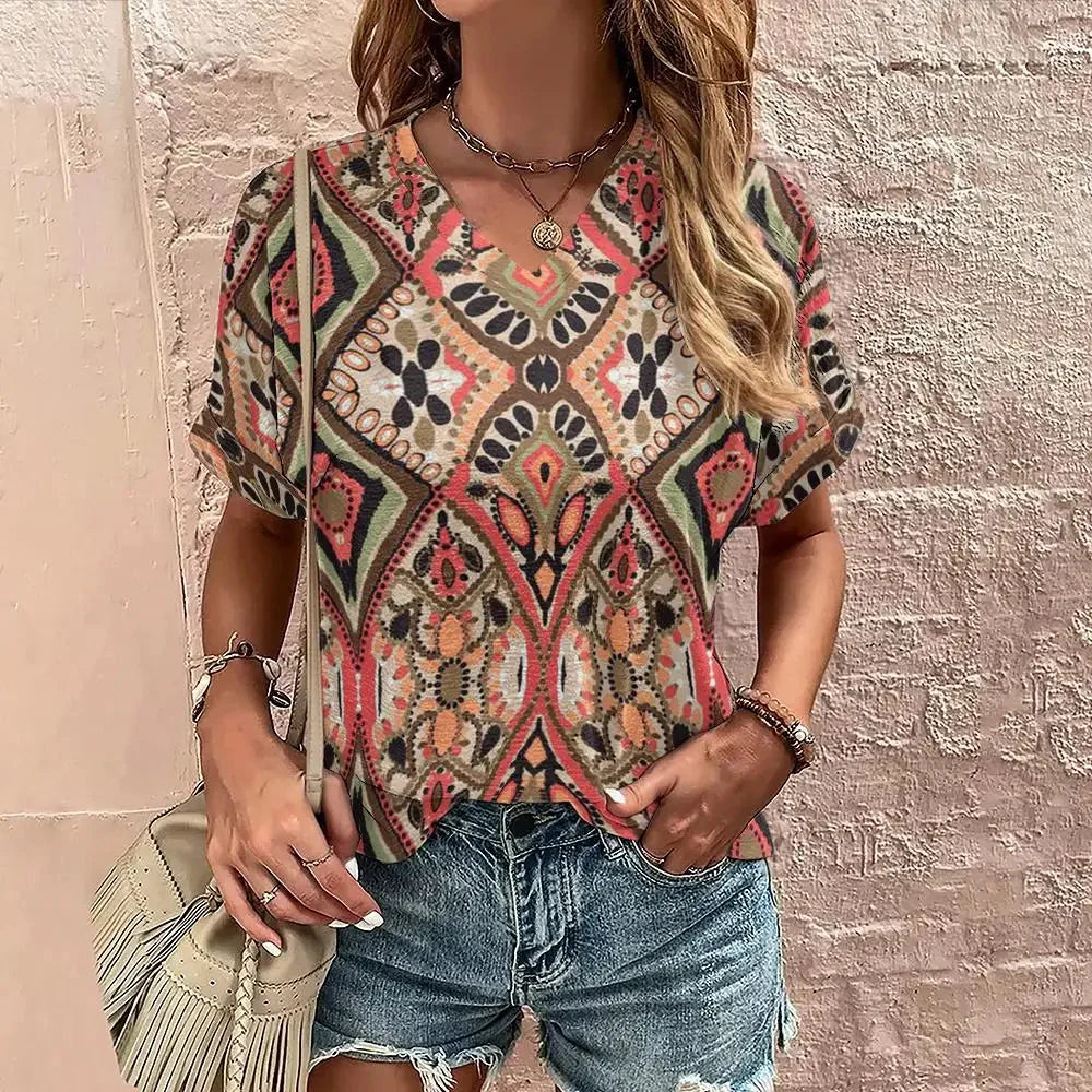 Merche Print Boho Bluse - V-Ausschnitt Tribal Shirt Damen