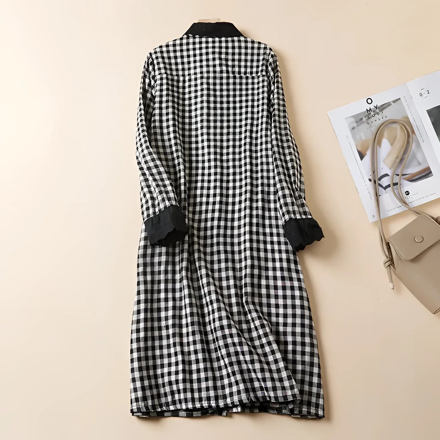 Merche-Weiß Karierter Gingham-Kleider mit Kunstfellmanschetten