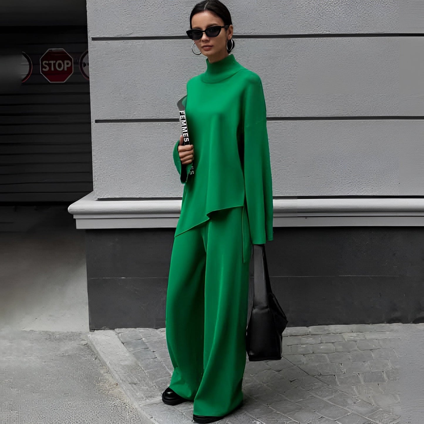 Merche Damenanzug - Hochkragenbluse & Weite Hosen