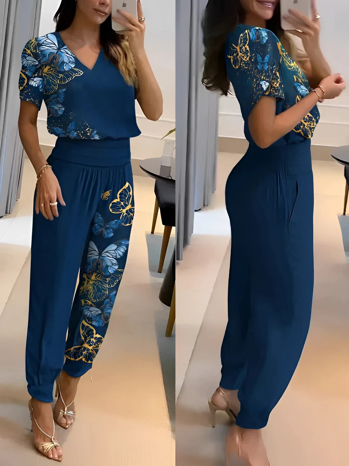Merche V-Ausschnitt Bluse & Elastik-Hosen - Sommer Chic Zweiteiler