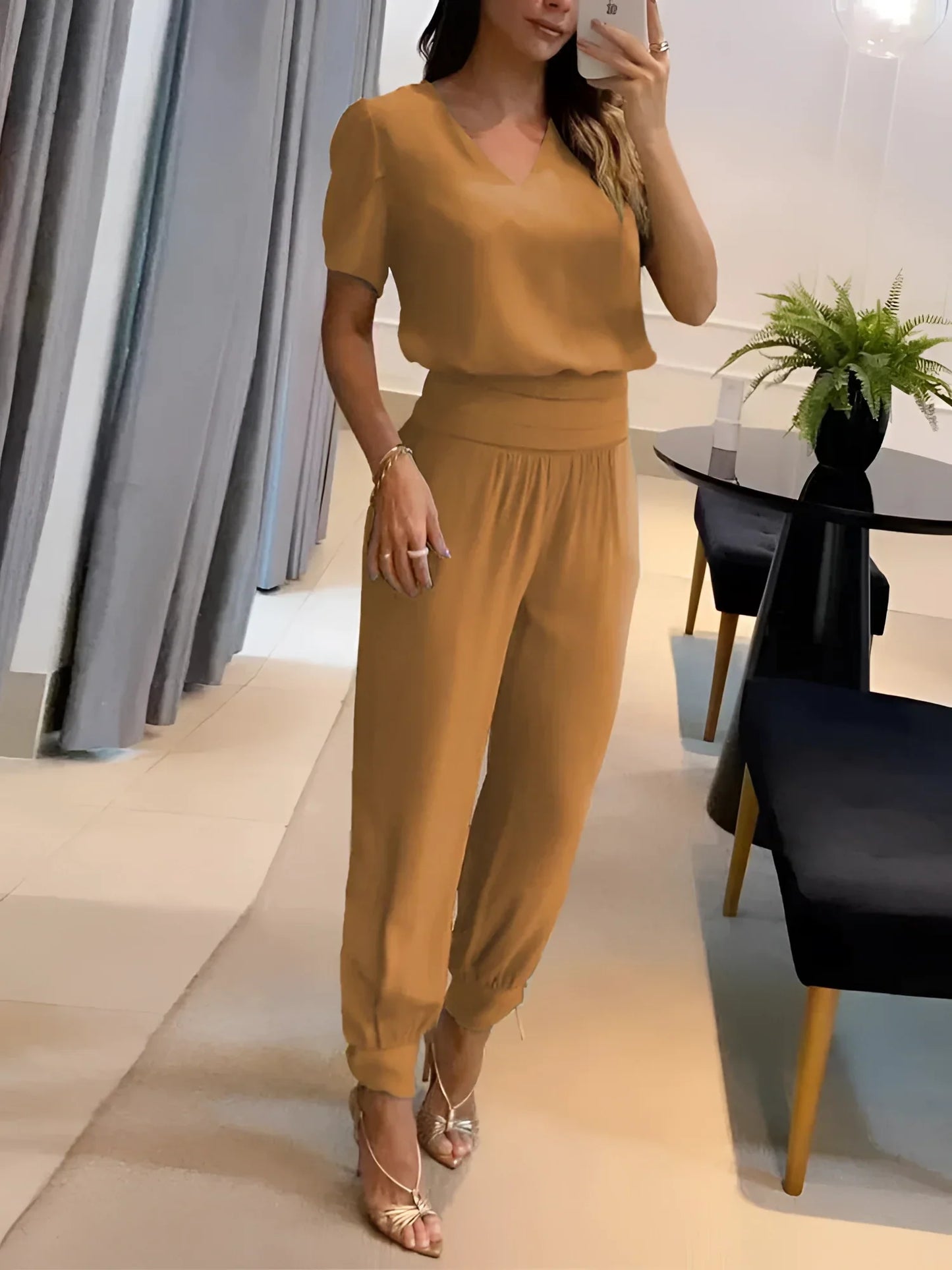 Merche V-Ausschnitt Bluse & Elastik-Hosen - Sommer Chic Zweiteiler