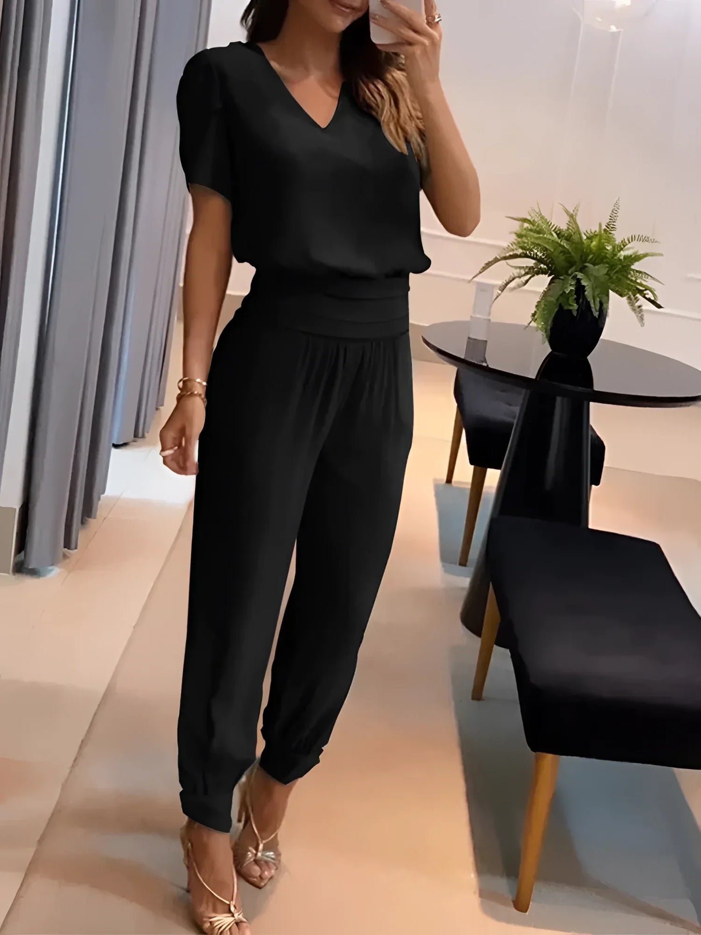 Merche V-Ausschnitt Bluse & Elastik-Hosen - Sommer Chic Zweiteiler