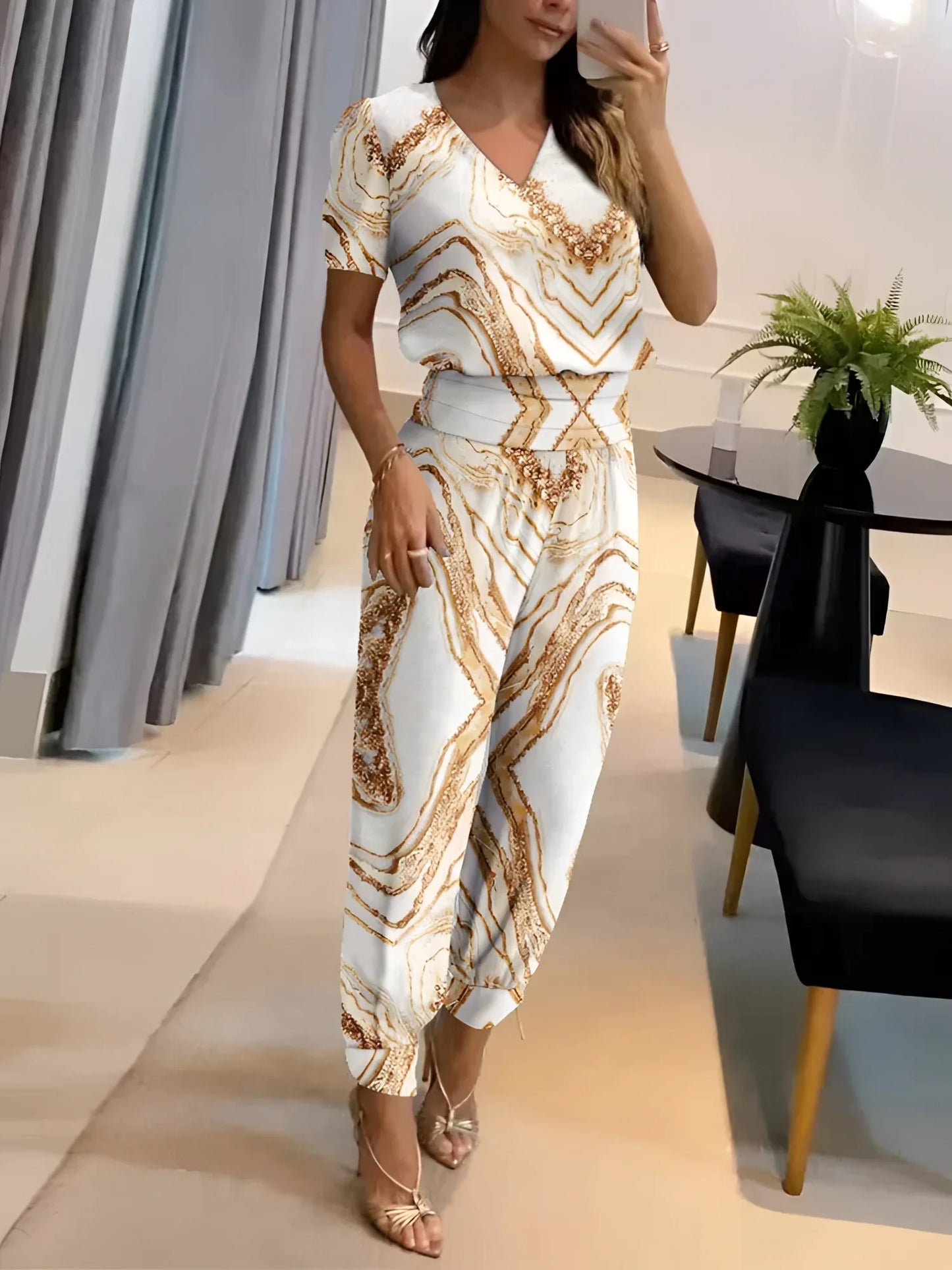 Merche V-Ausschnitt Bluse & Elastik-Hosen - Sommer Chic Zweiteiler