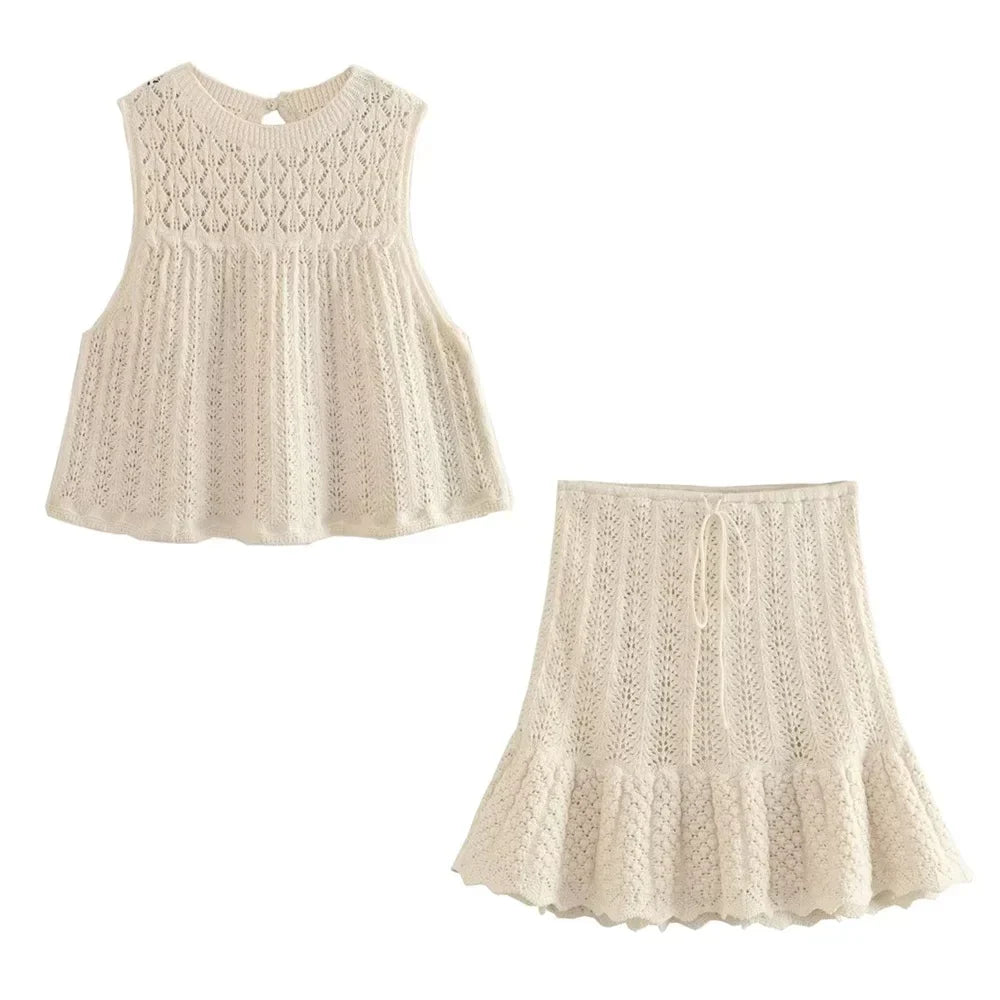 Merche Freizeit-Set mit ärmellosem Strick-Top und weitem Rock