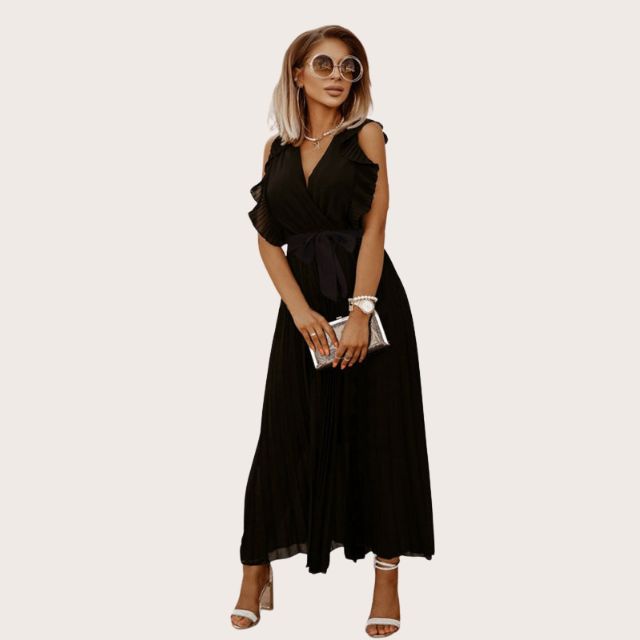 Plissiertes Maxikleid mit Rüschenbesatz und Taillenbindung