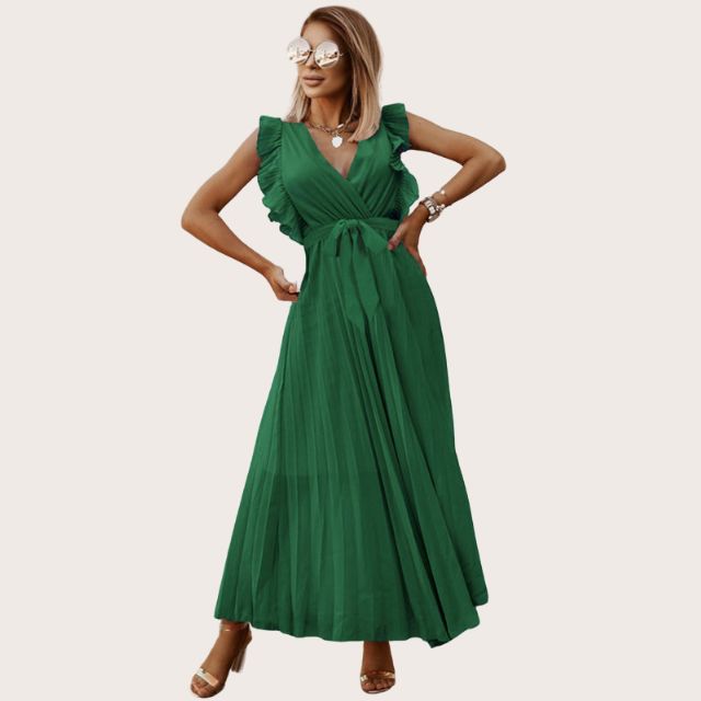 Plissiertes Maxikleid mit Rüschenbesatz und Taillenbindung