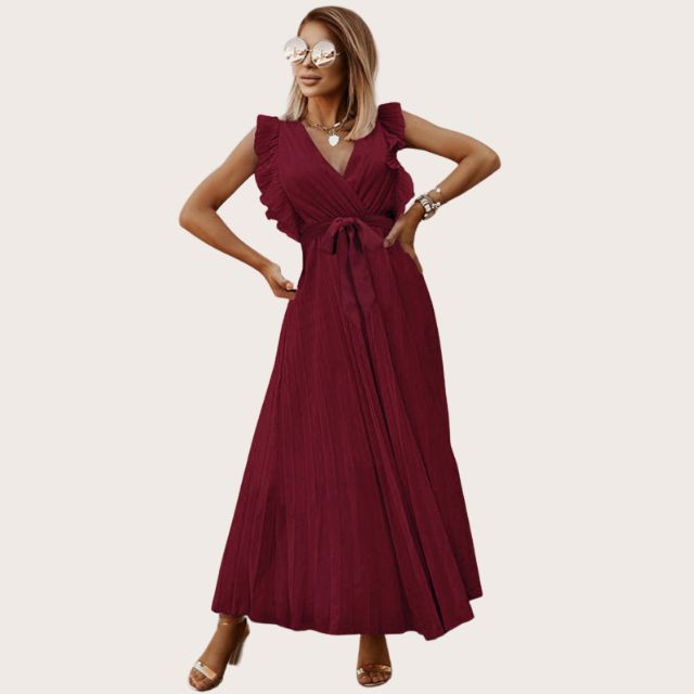 Plissiertes Maxikleid mit Rüschenbesatz und Taillenbindung