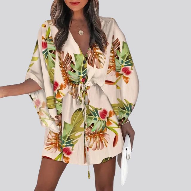 Boho-Hemdkleid mit V-Ausschnitt und Blumendruck