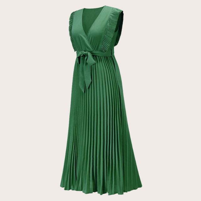 Plissiertes Maxikleid mit Rüschenbesatz und Taillenbindung