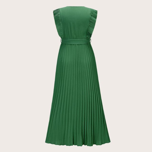 Plissiertes Maxikleid mit Rüschenbesatz und Taillenbindung