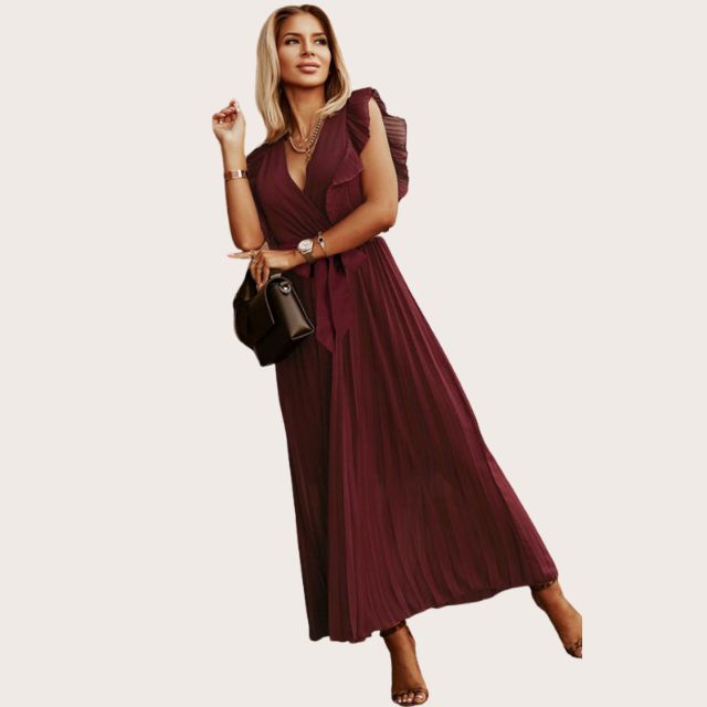 Plissiertes Maxikleid mit Rüschenbesatz und Taillenbindung