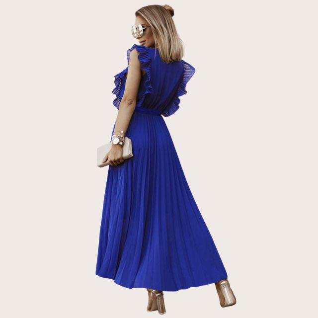 Plissiertes Maxikleid mit Rüschenbesatz und Taillenbindung
