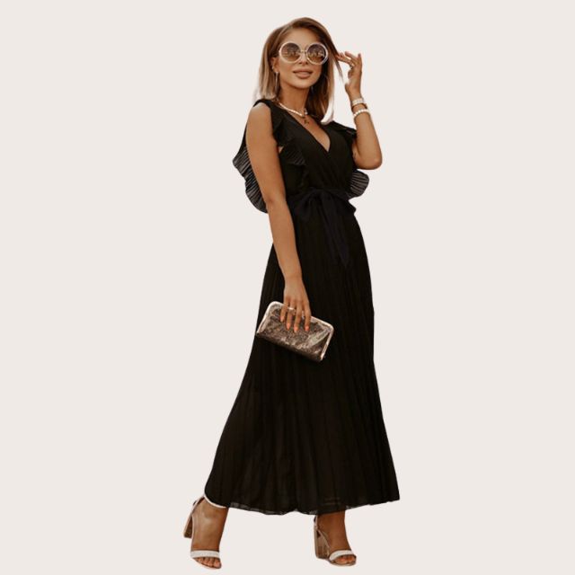 Plissiertes Maxikleid mit Rüschenbesatz und Taillenbindung